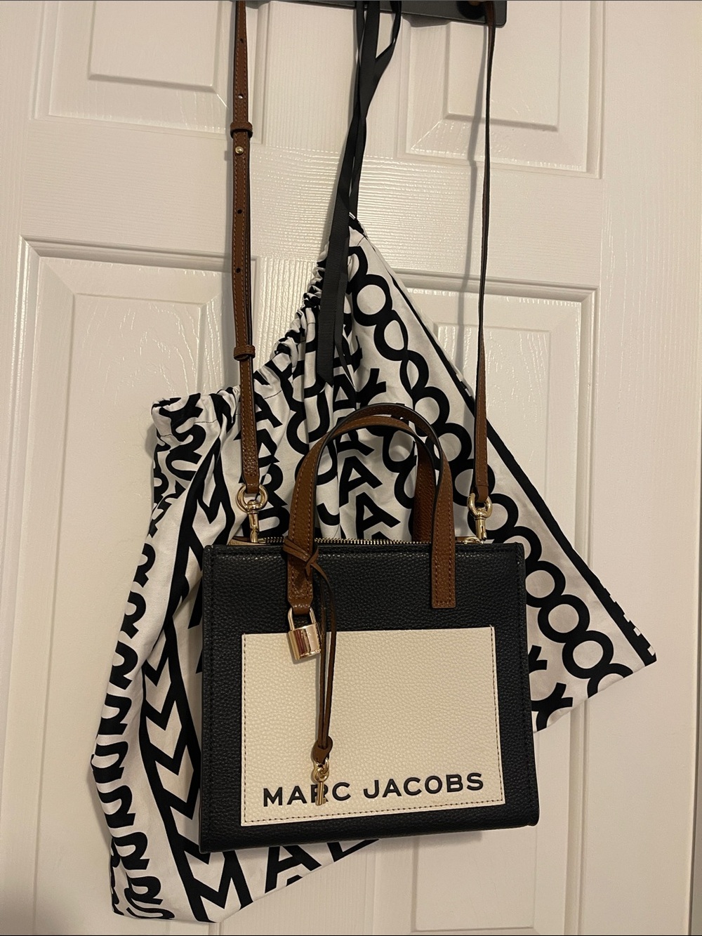 Marc Jacobs Black, Cream & Brown Leather Satchel with Logo Panel
